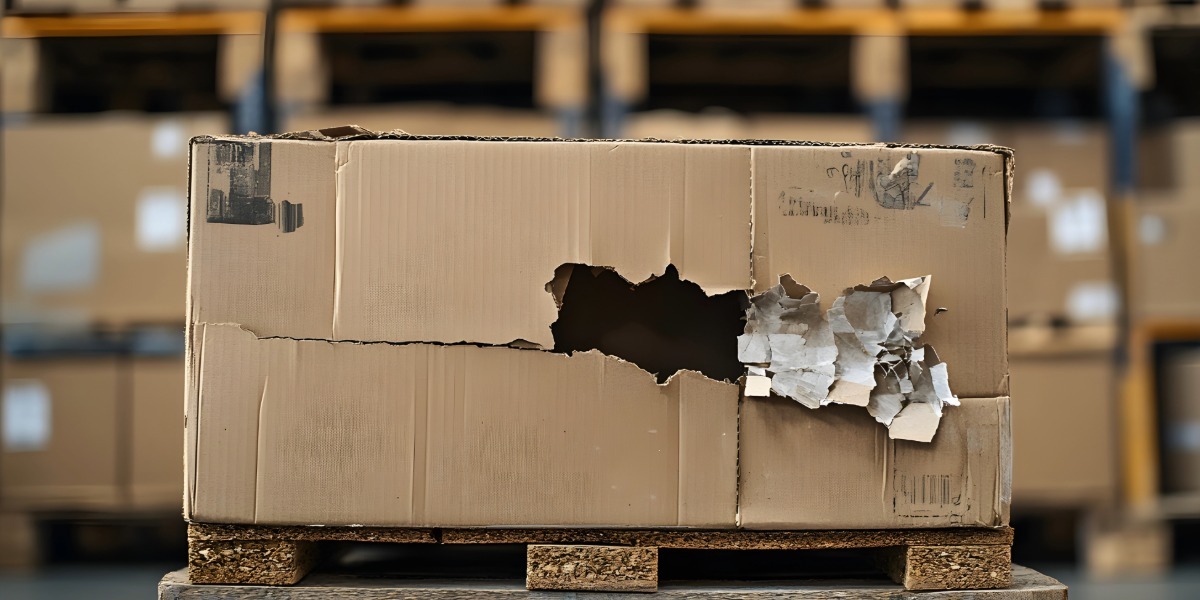 Damaged box on a pallet with torn packaging and visible product spillage, highlighting improper handling or transit issues.